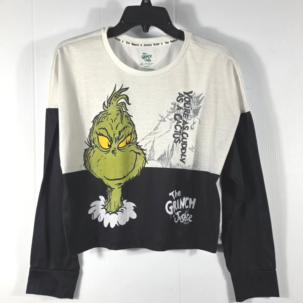Justice Sleep The Grinch Long Sleeve Pajama Top White Black Girls Large Plus 12P